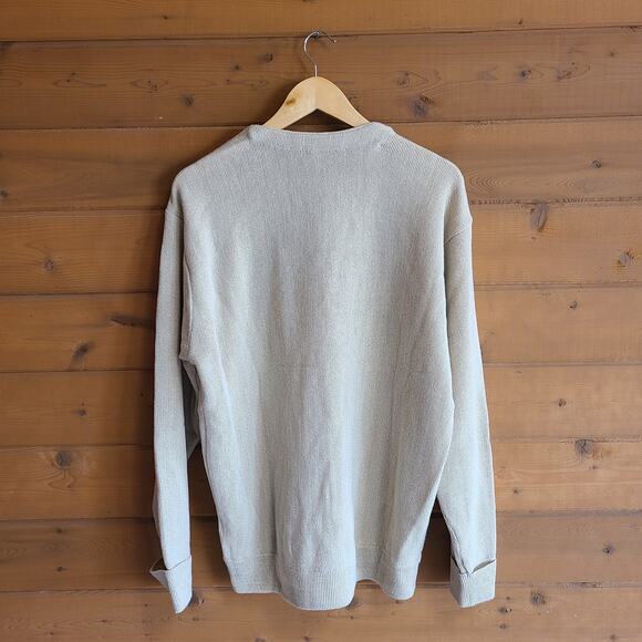 Vintage Oatmeal Tan Button Front Unisex Cardigan Sweater Vneck Large Acrylic - Picture 2 of 4